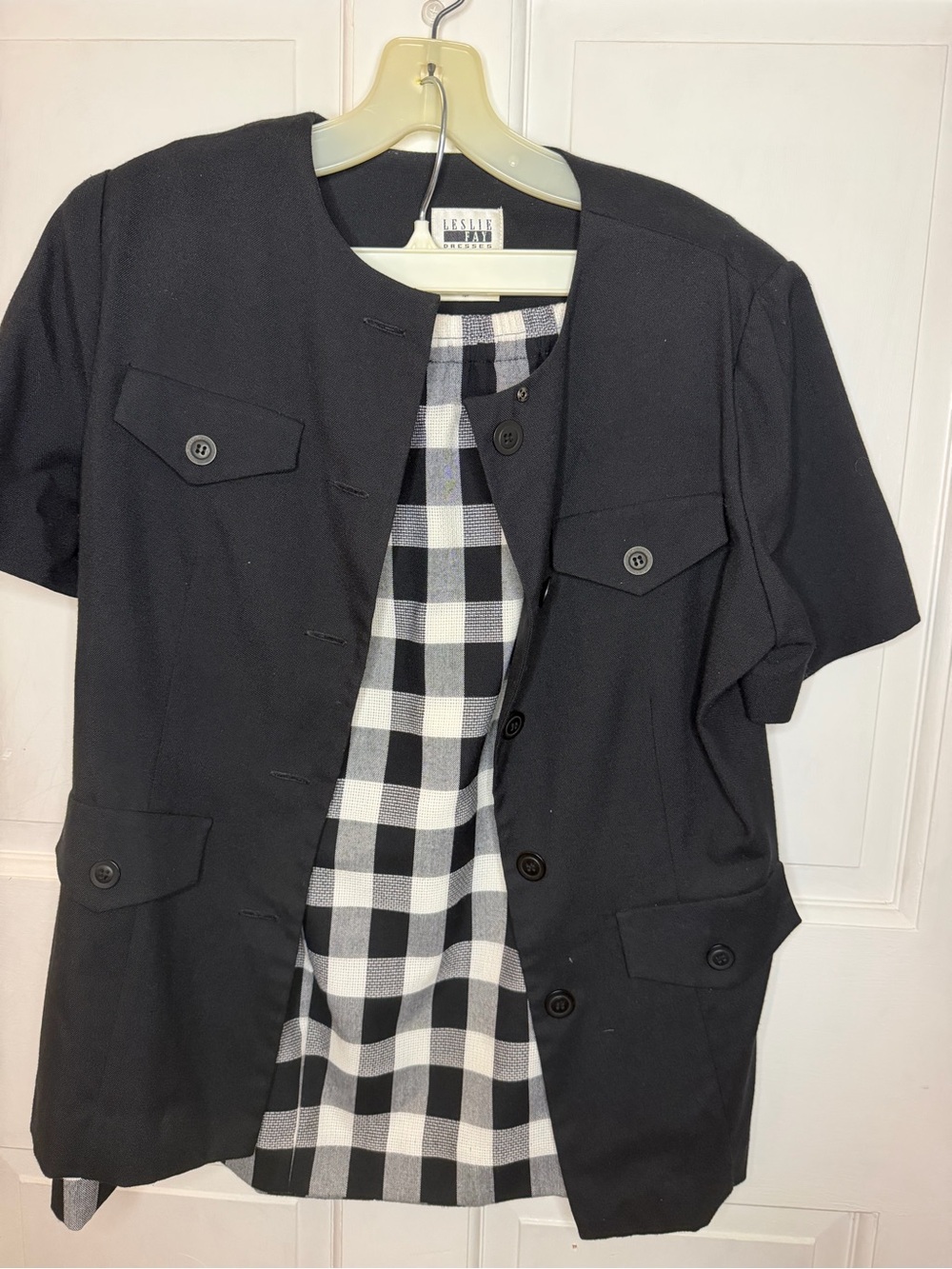 VTG Leslie Fay Black Short-Sleeve Jacket with Black & White Plaid Pencil Skirt